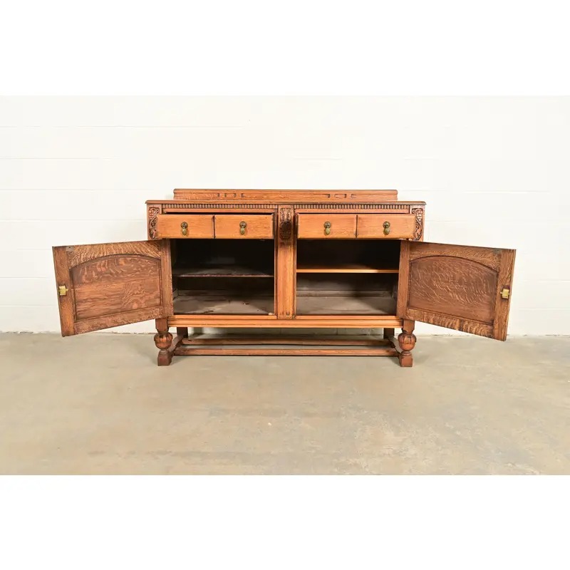 Berkey & Gay Style Antique English Jacobean Carved Oak Sideboard Buffet or Bar Cabinet, Circa 1920s - Image 5