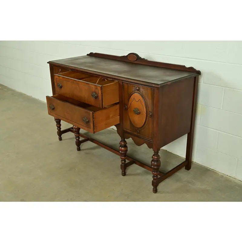 Berkey & Gay Style Antique English Jacobean Carved Walnut and Burl Wood Sideboard, Circa 1920s - Image 5