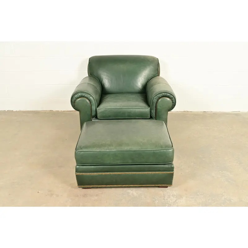 Century Furniture Art Deco Studded Leather Lounge Chair With Ottoman - Image 5