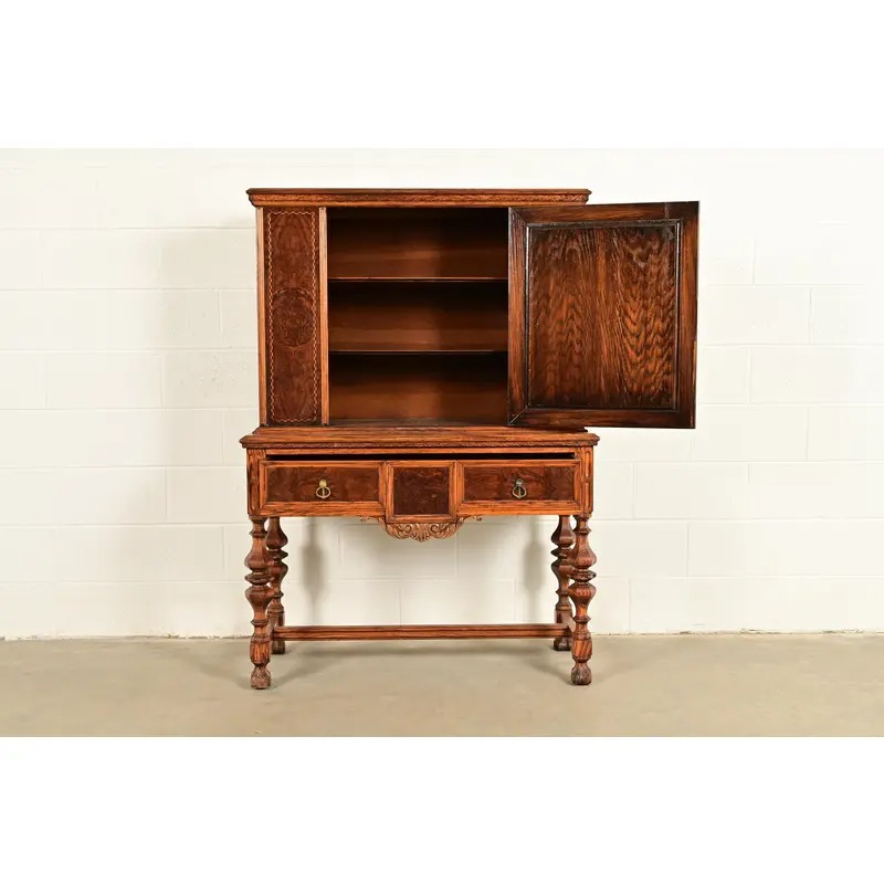 Early Romweber Antique English Jacobean Carved Oak and Burl Wood Bar Cabinet, Circa 1900 - Image 5