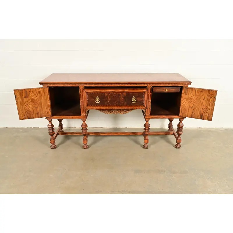 Early Romweber Antique English Jacobean Carved Oak and Burl Wood Sideboard, Circa 1900 - Image 5
