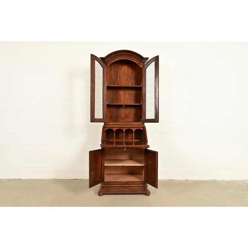 Guido Zichele Style Italian Provincial Carved Walnut Drop Front Secretary Desk With Lighted Bookcase Hutch, Circa 1970s - Image 5