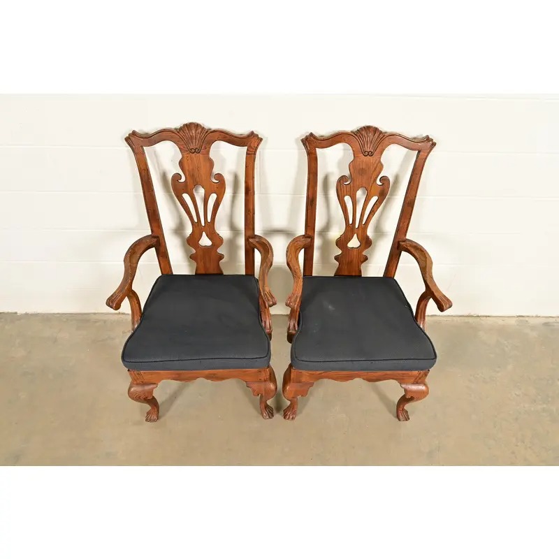 Henredon Georgian Carved Solid Oak Armchairs, Pair - Image 5