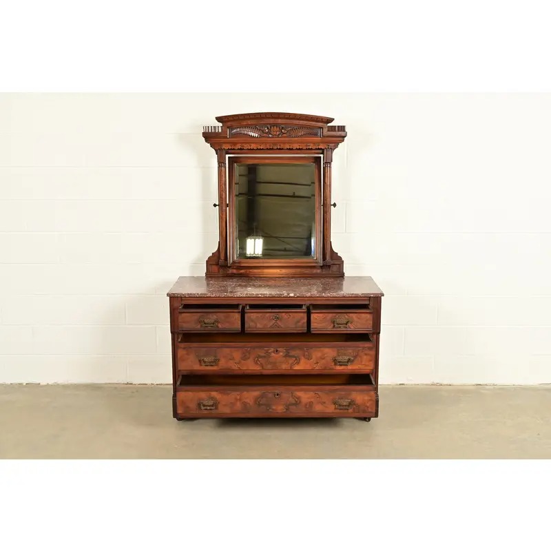 Herter Brothers Style Antique Eastlake Victorian Carved Burled Walnut Marble Top Dresser With Mirror, Circa 1880s - Image 5