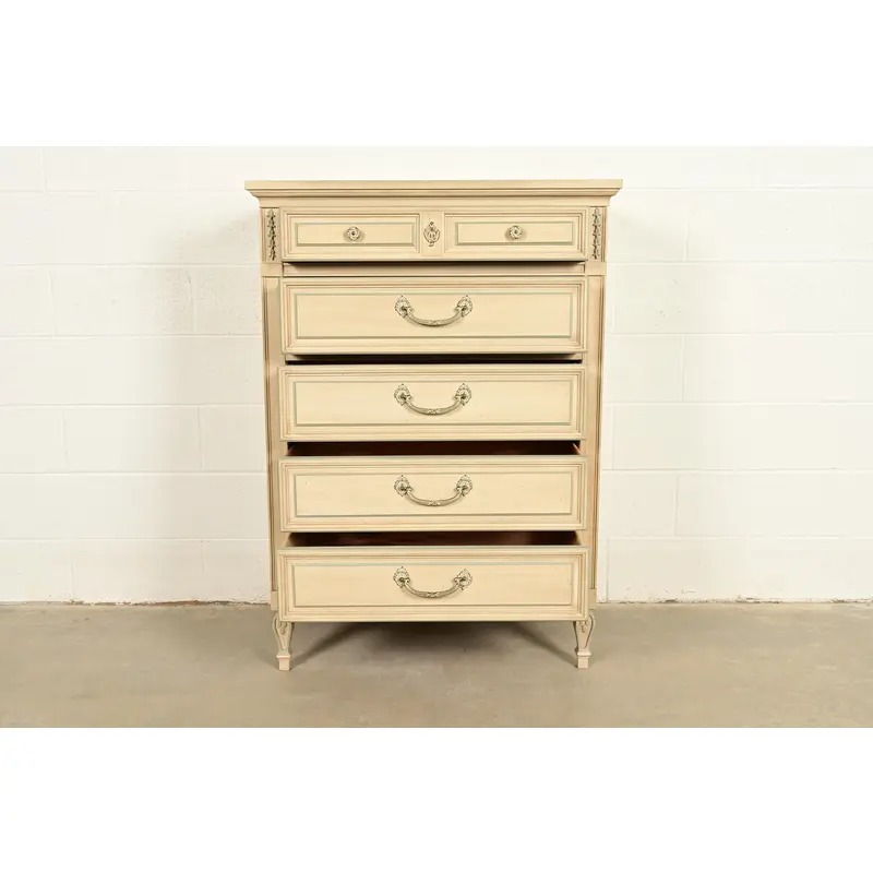 John Widdicomb Style French Regency Louis XVI Cream Lacquered Highboy Dresser, Circa 1960s - Image 5
