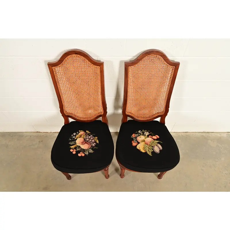 Karges Style French Regency Louis XVI Carved Solid Teak and Cane Back Side Chairs or Dining Chairs, Pair - Image 5