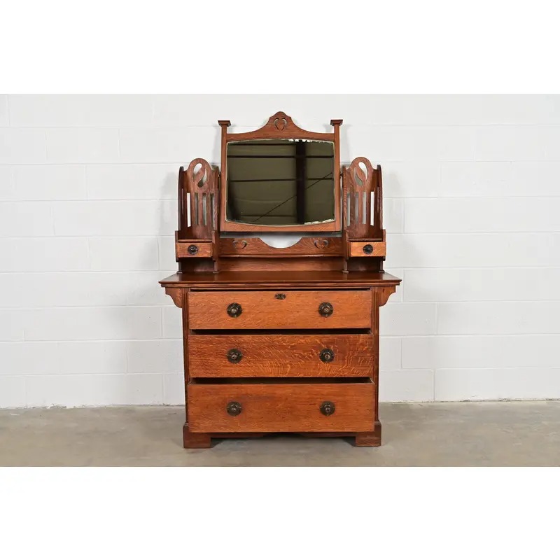 Liberty & Co. Antique English Mission Oak Arts & Crafts Vanity Dresser With Mirror, Circa 1900 - Image 5