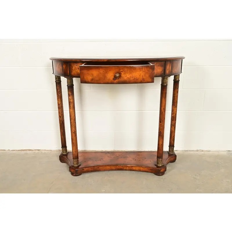 Maitland Smith Style French Empire Burl Wood and Gold Gilt Demilune Console Table - Image 5