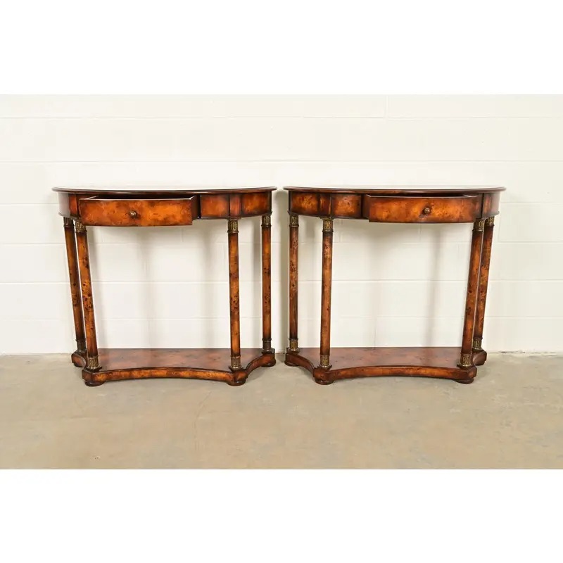 Maitland Smith Style French Empire Burl Wood and Gold Gilt Demilune Console Tables, Pair - Image 5