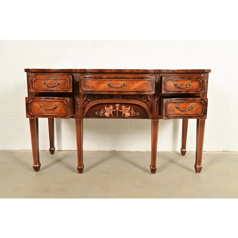Maitland Smith Style French Regency Louis XVI Carved Mahogany and Burl Wood Sideboard Credenza - Image 5