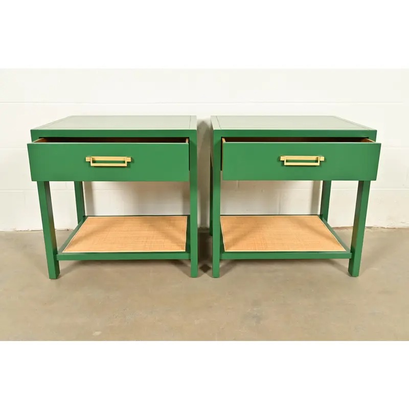 Michael Taylor for Baker Furniture Mid-Century Hollywood Regency Green Lacquer and Cane Campaign Nightstands, Newly Refinished - Image 5