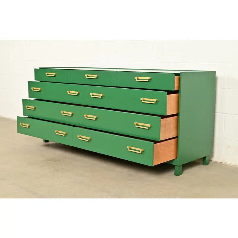 Michael Taylor for Baker Furniture Mid-Century Hollywood Regency Green Lacquered Campaign Dresser, Newly Refinished - Image 5