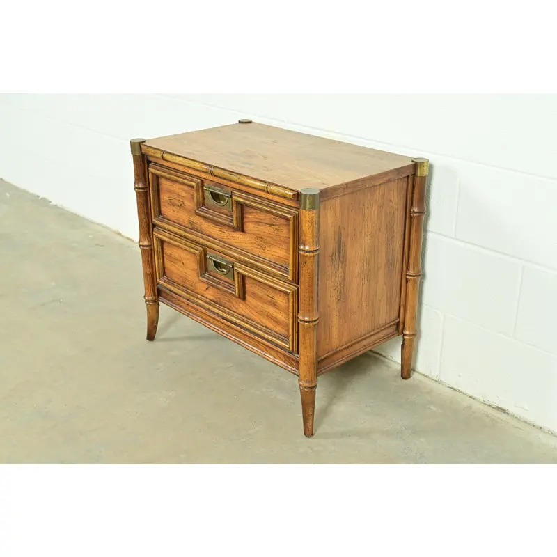 Mid-Century Hollywood Regency Campaign Carved Walnut Faux Bamboo Nightstand by Stanley, Circa 1960s - Image 5