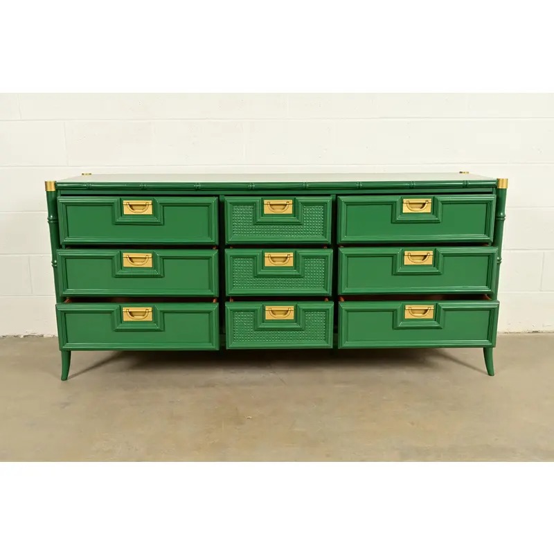 Mid-Century Hollywood Regency Campaign Green Lacquered Faux Bamboo Triple Dresser or Credenza by Stanley, Newly Refinished - Image 5