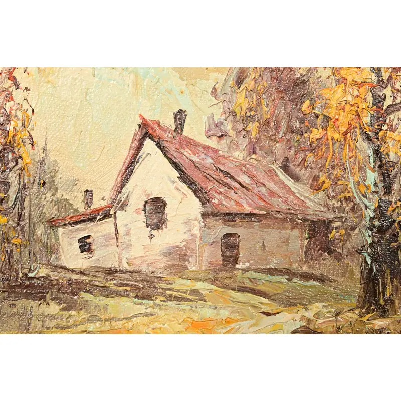 Original Artist Signed Impressionist Rural Landscape Oil on Canvas Painting of Cottage in Carved Giltwood Frame - Image 5
