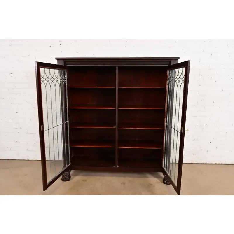 R. J. Horner Style Antique American Empire Carved Mahogany Leaded Glass Front Double Bookcase Cabinet, Circa 1890s - Image 5