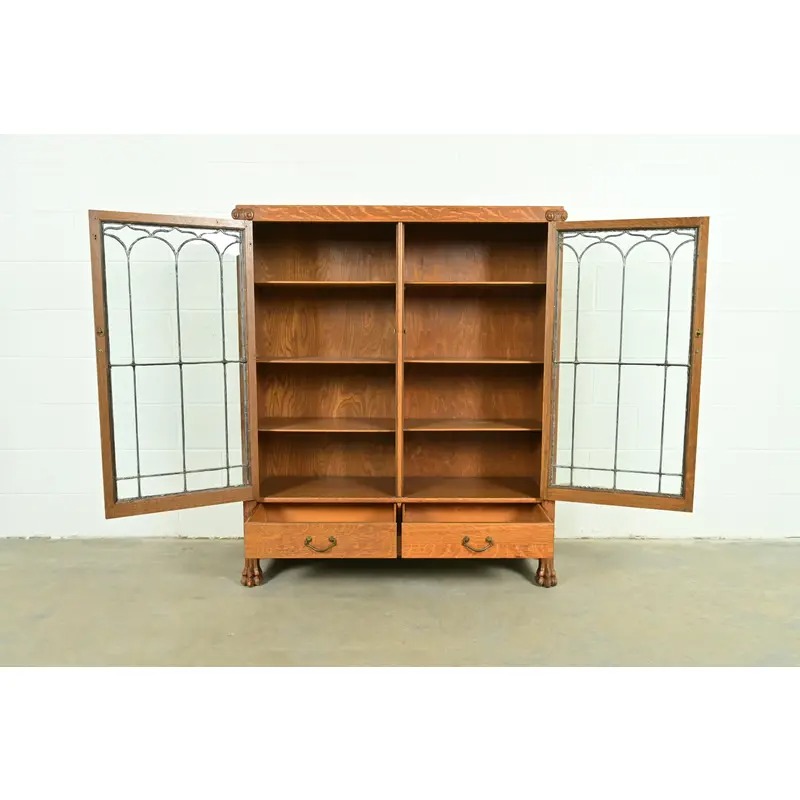 R. J. Horner Style Antique American Empire Carved Tiger Oak Double Bookcase Cabinet With Leaded Glass Doors, Circa 1890s - Image 5
