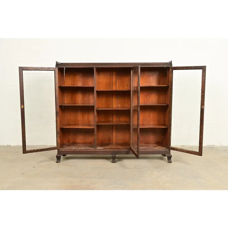 R. J. Horner Style Victorian Carved Oak Glass Front Triple Bookcase, Circa 1890s - Image 5