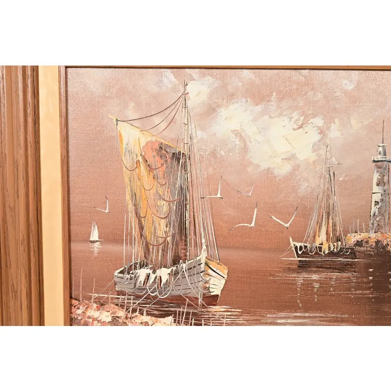 Rikard Lindström Original Signed Oil Painting on Canvas of Ships in Harbor in Carved Wood Frame - Image 5