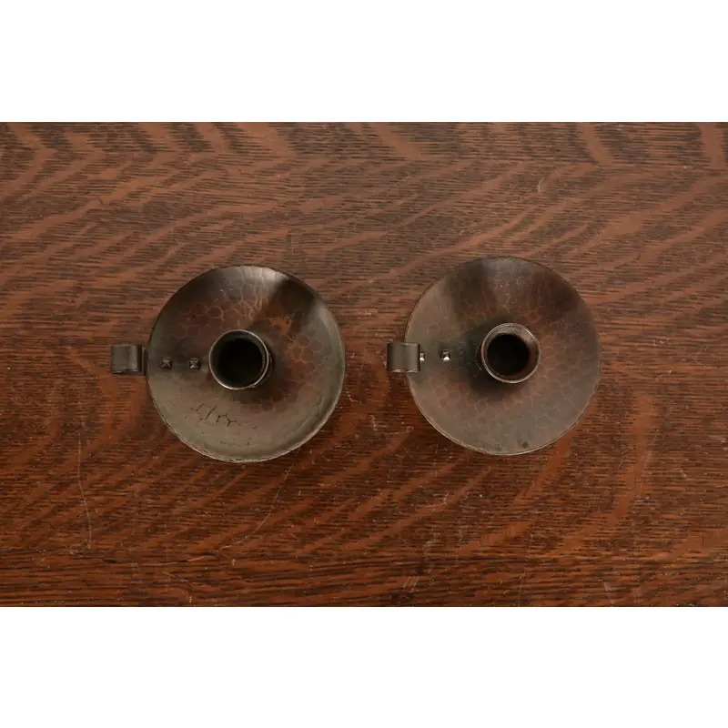 Roycroft Arts & Crafts Hammered Copper Handled Candlesticks, Pair - Image 5