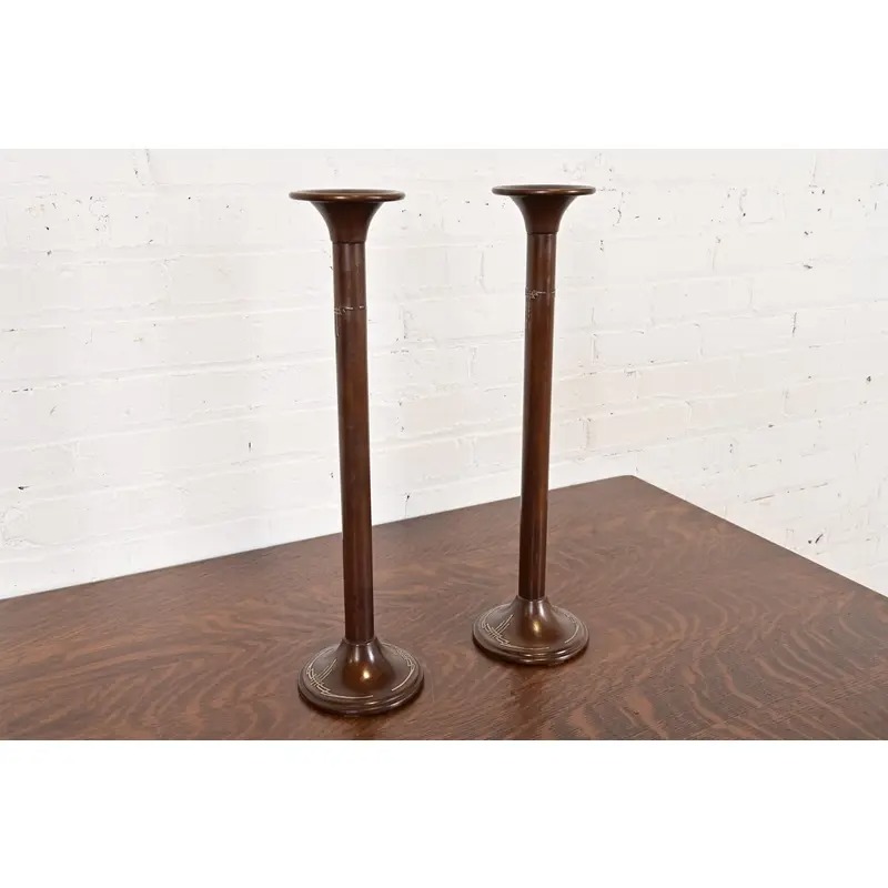 Silver Crest Arts & Crafts Sterling Silver on Bronze Tall Candlesticks, Pair - Image 5