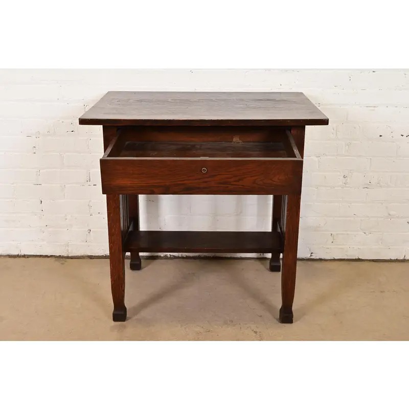 Stickley Brothers Style Antique Mission Oak Arts & Crafts Writing Desk or Library Table, Circa 1910 - Image 5