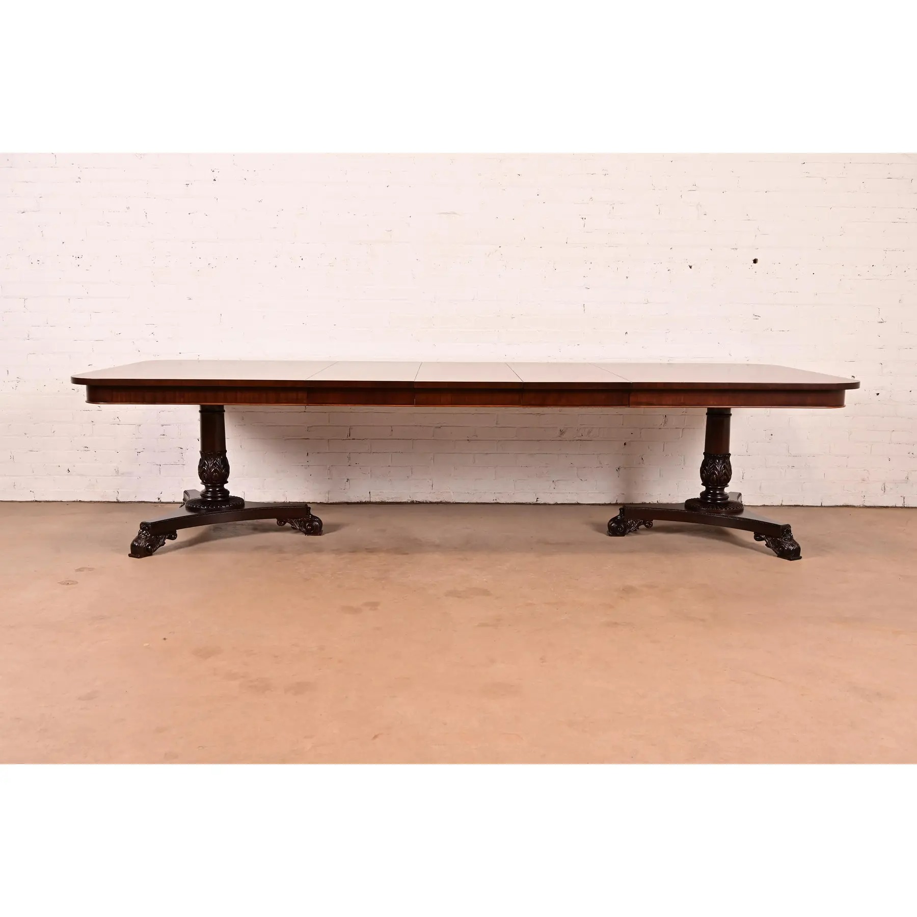 Baker Furniture Regency Banded Mahogany Double Pedestal Extension Dining Table, Newly Refinished - Image 3