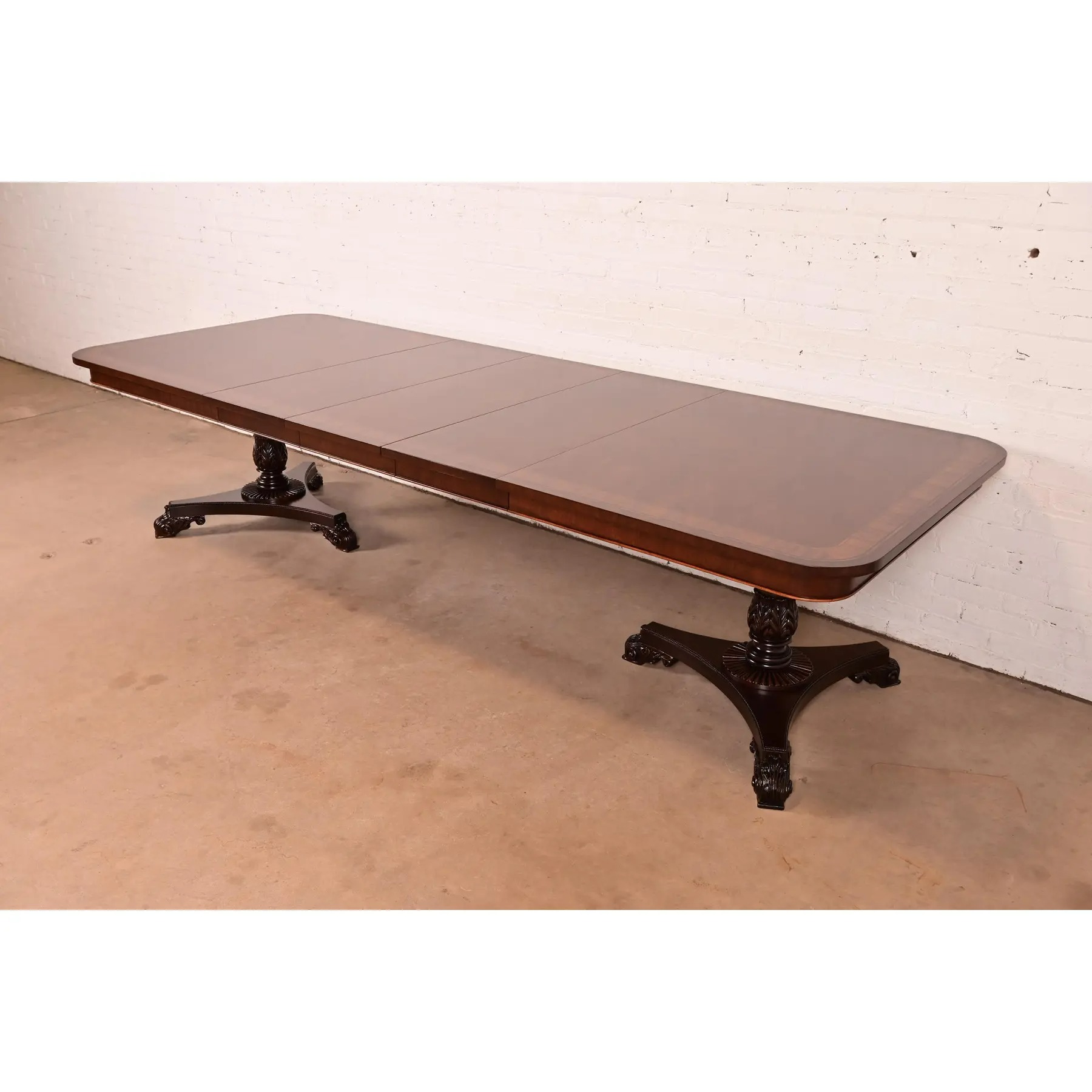 Baker Furniture Regency Banded Mahogany Double Pedestal Extension Dining Table, Newly Refinished - Image 4