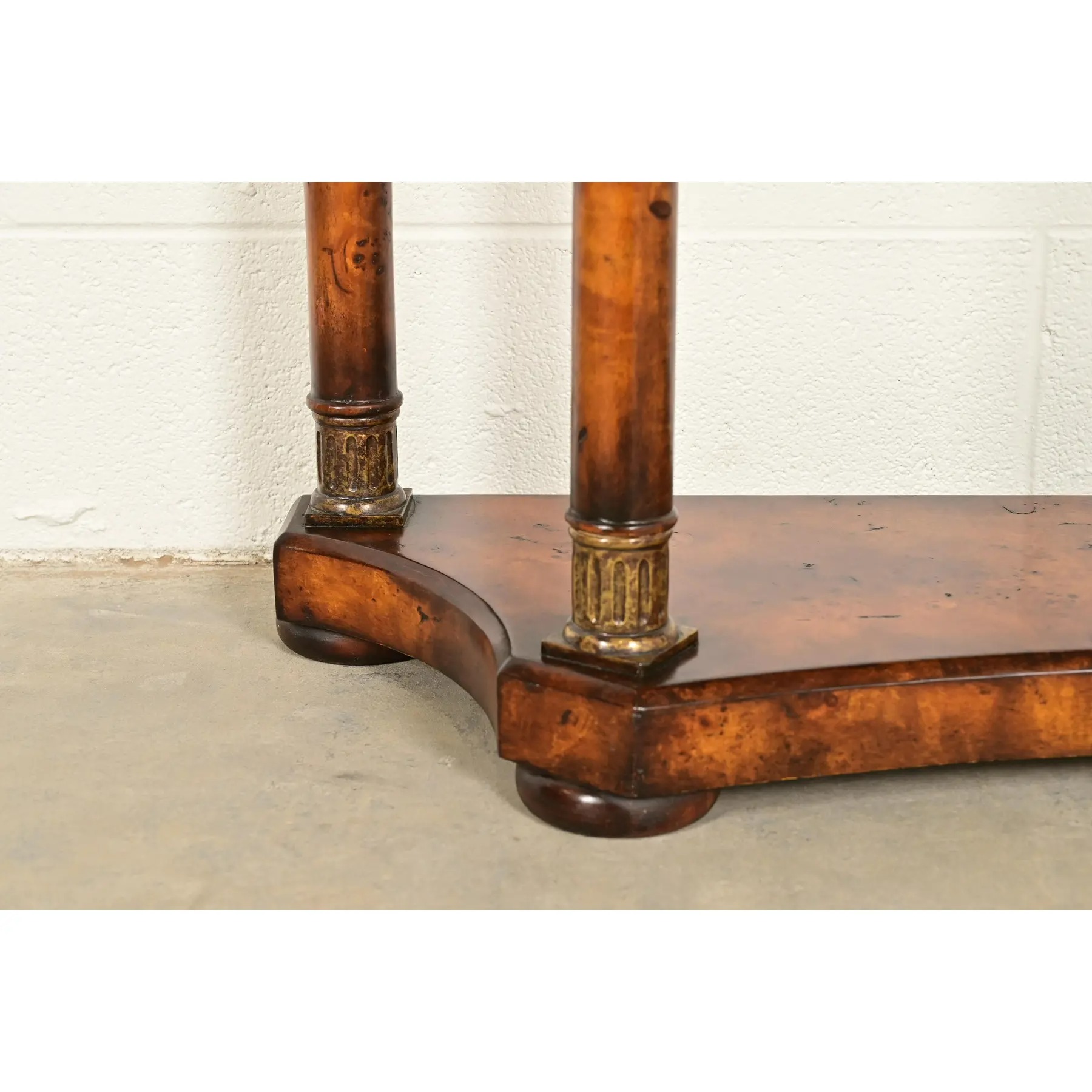 Maitland Smith Style French Empire Burl Wood and Gold Gilt Demilune Console Table - Image 10