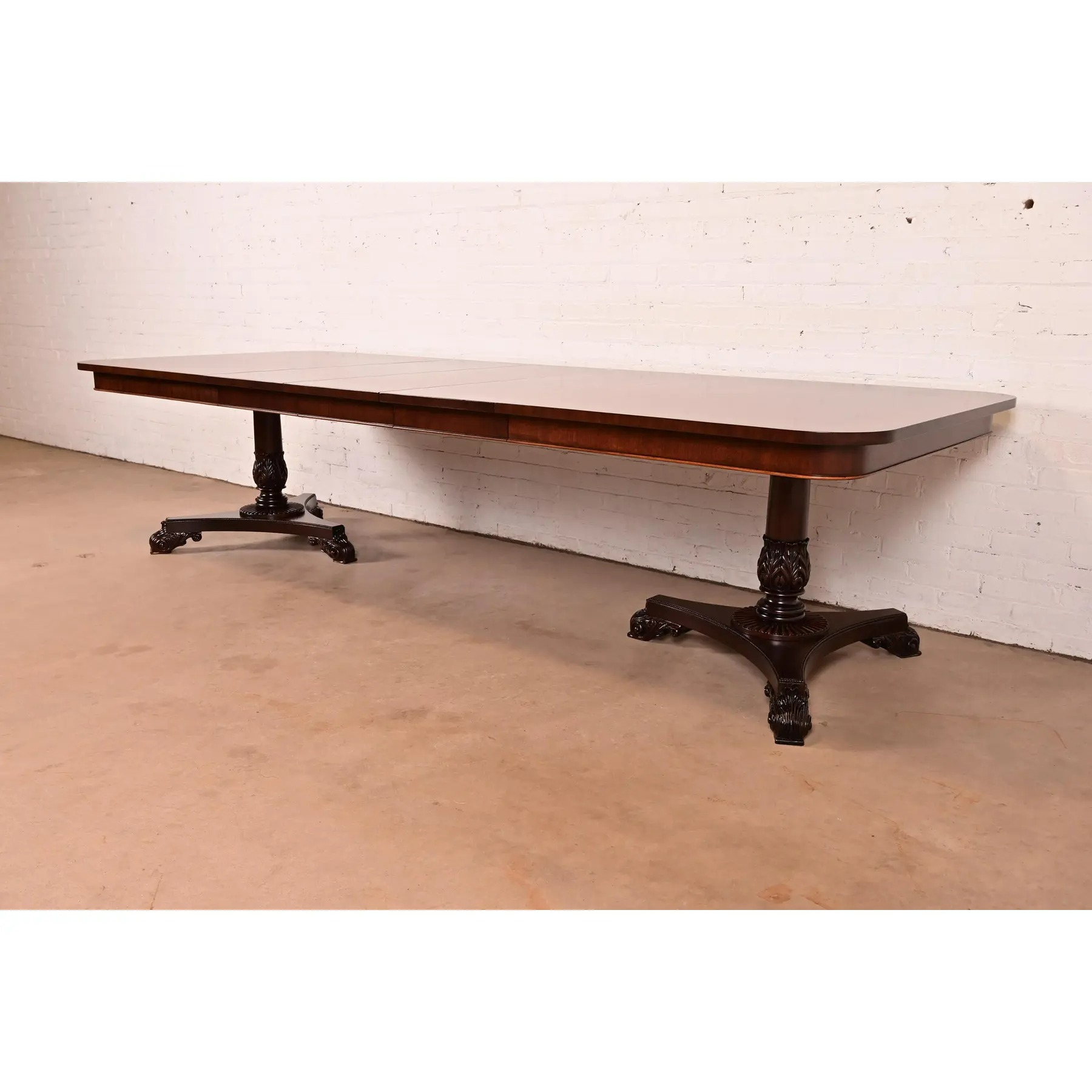 Baker Furniture Regency Banded Mahogany Double Pedestal Extension Dining Table, Newly Refinished - Image 5