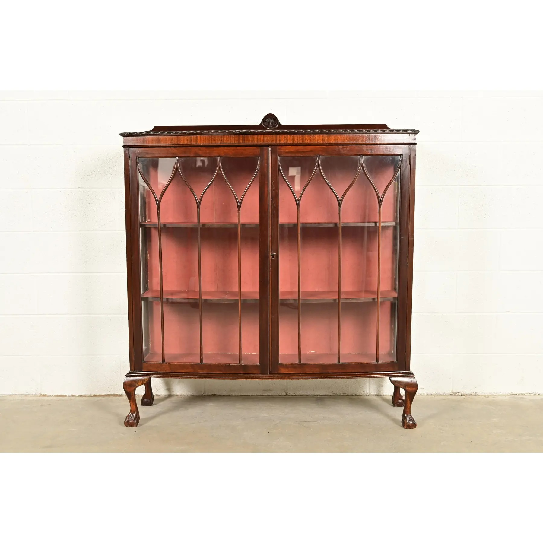 Berkey & Gay Style Antique Chippendale Carved Mahogany Bookcase Cabinet, Circa 1900