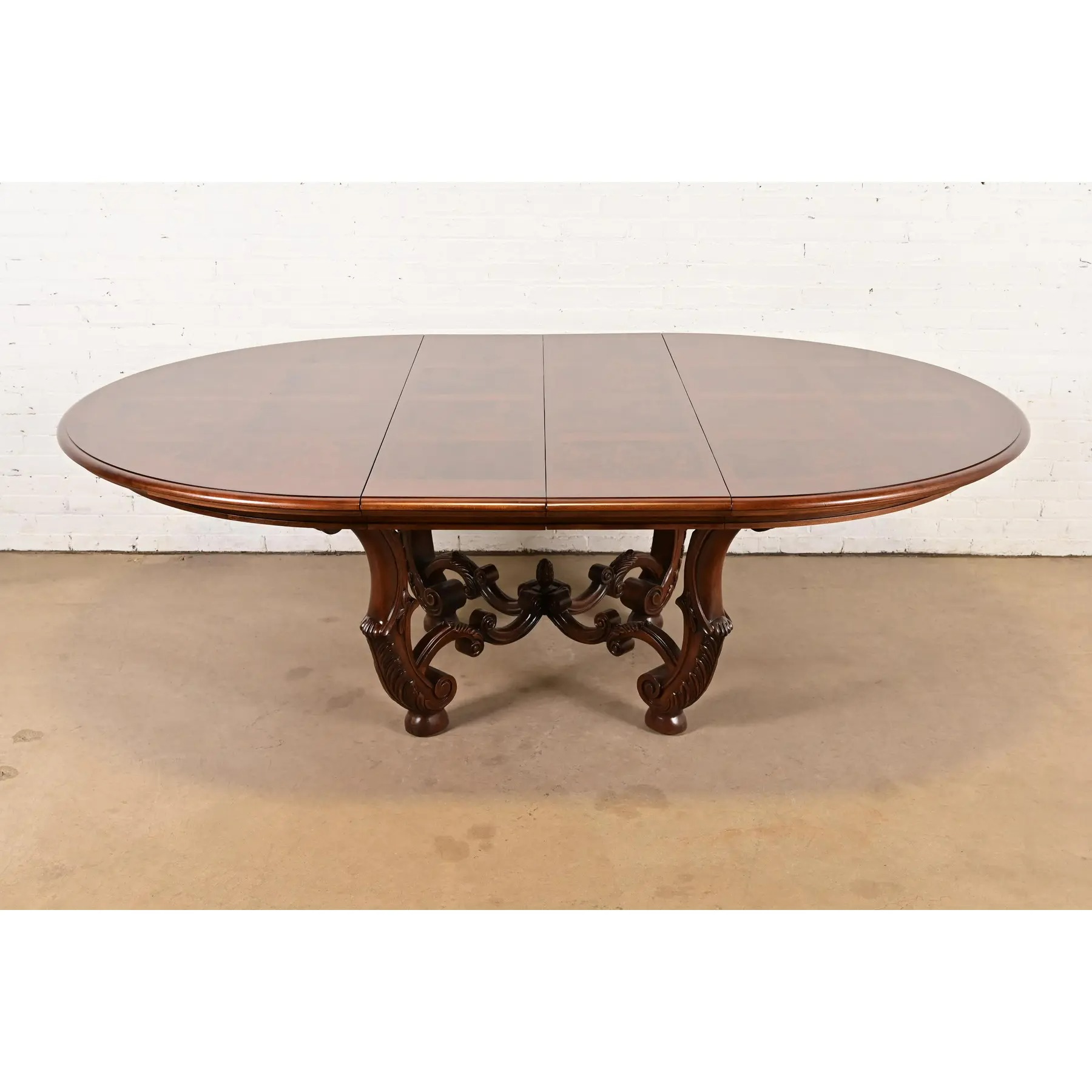 Henredon Italian Provincial Carved Walnut and Burl Wood Pedestal Extension Dining Table, Newly Refinished
