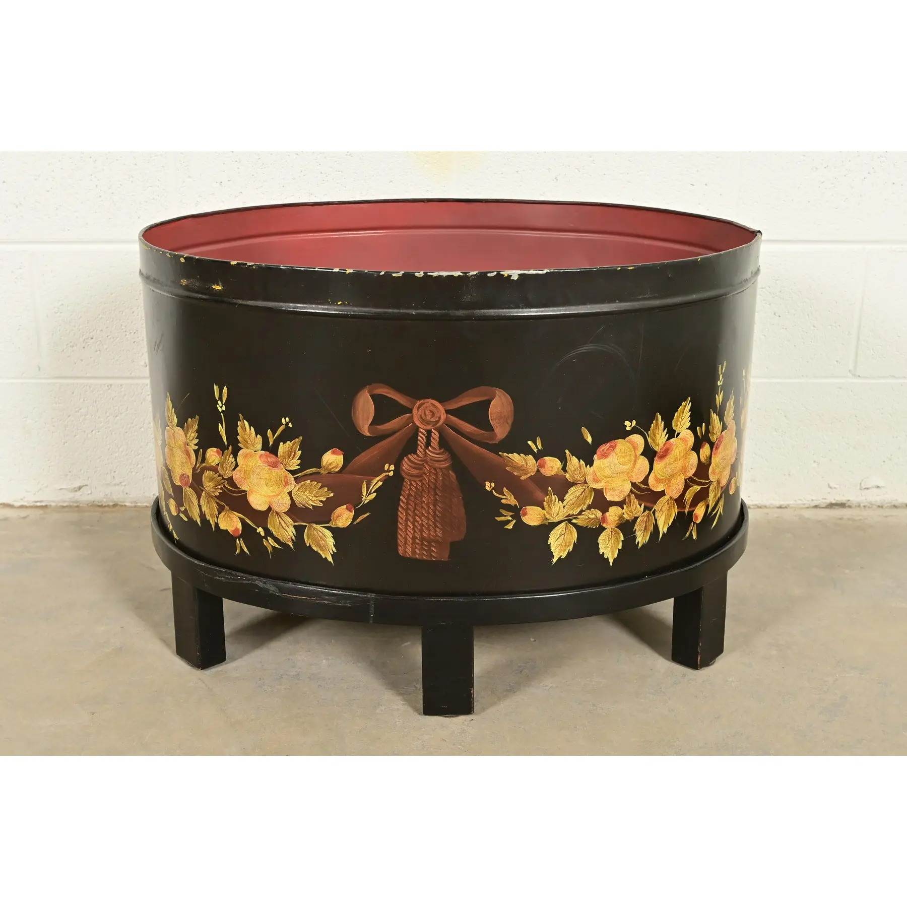 Maitland Smith Neoclassical Hand-Painted Black Lacquered Oval Toleware Box or Chest on Stand - Image 14