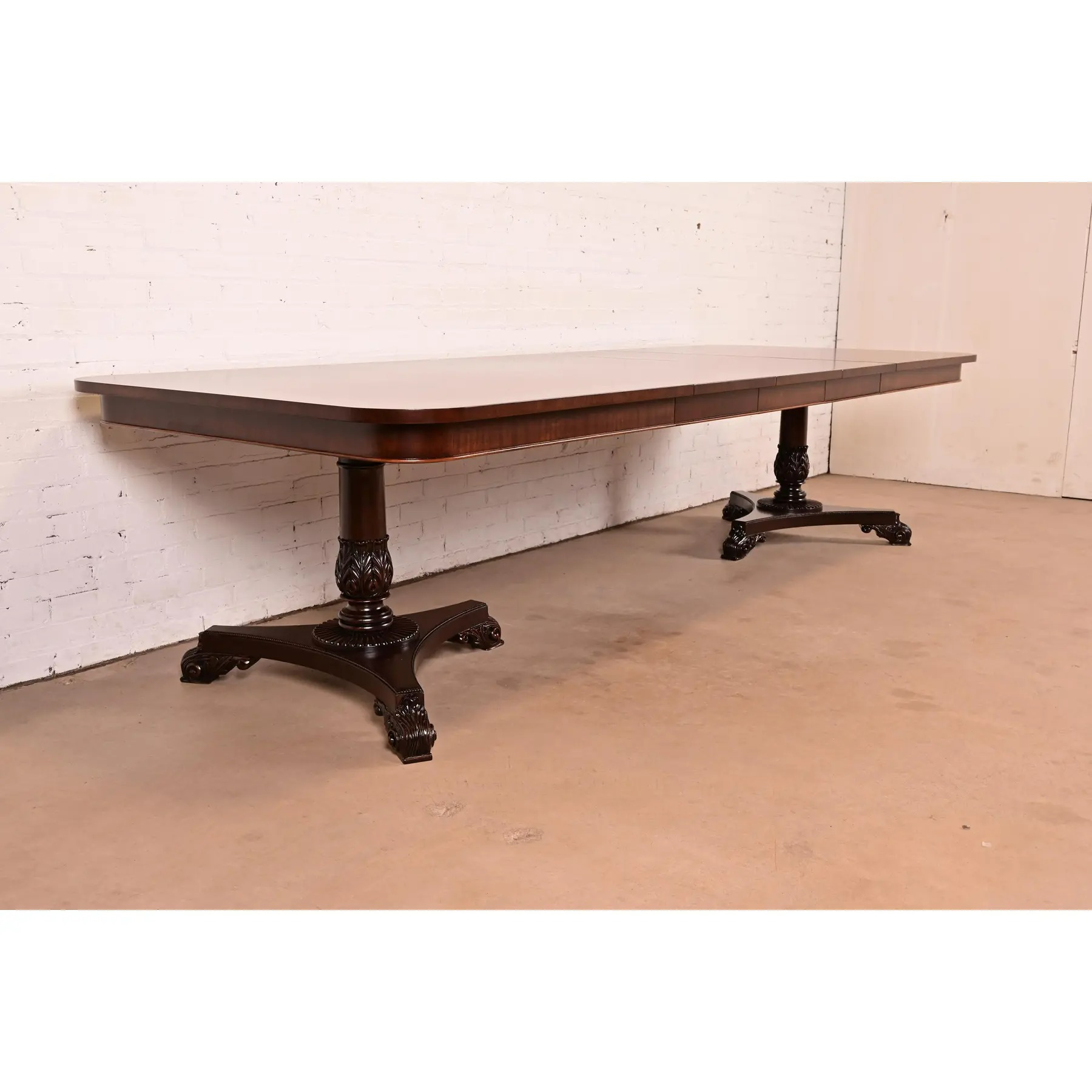 Baker Furniture Regency Banded Mahogany Double Pedestal Extension Dining Table, Newly Refinished - Image 6