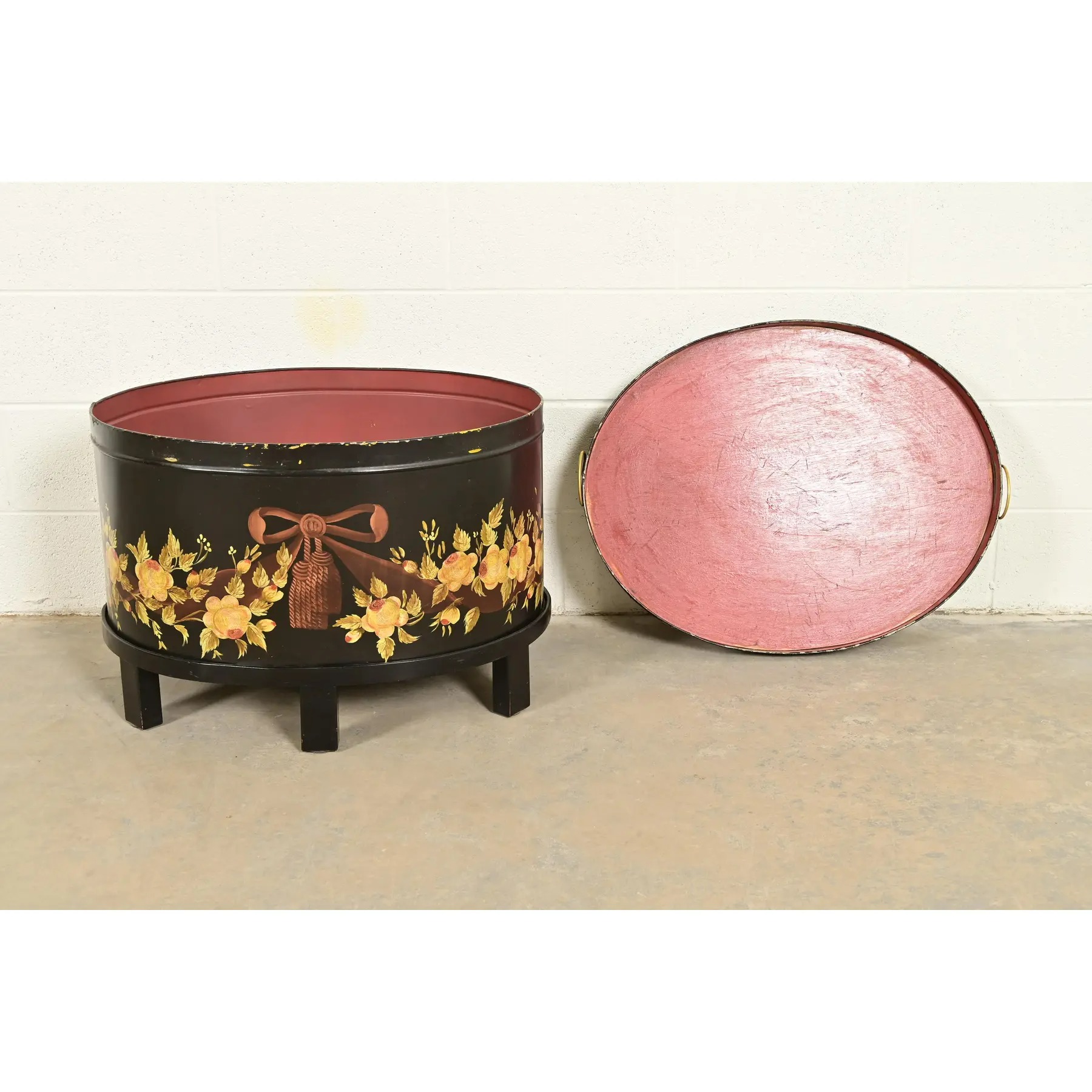 Maitland Smith Neoclassical Hand-Painted Black Lacquered Oval Toleware Box or Chest on Stand - Image 11