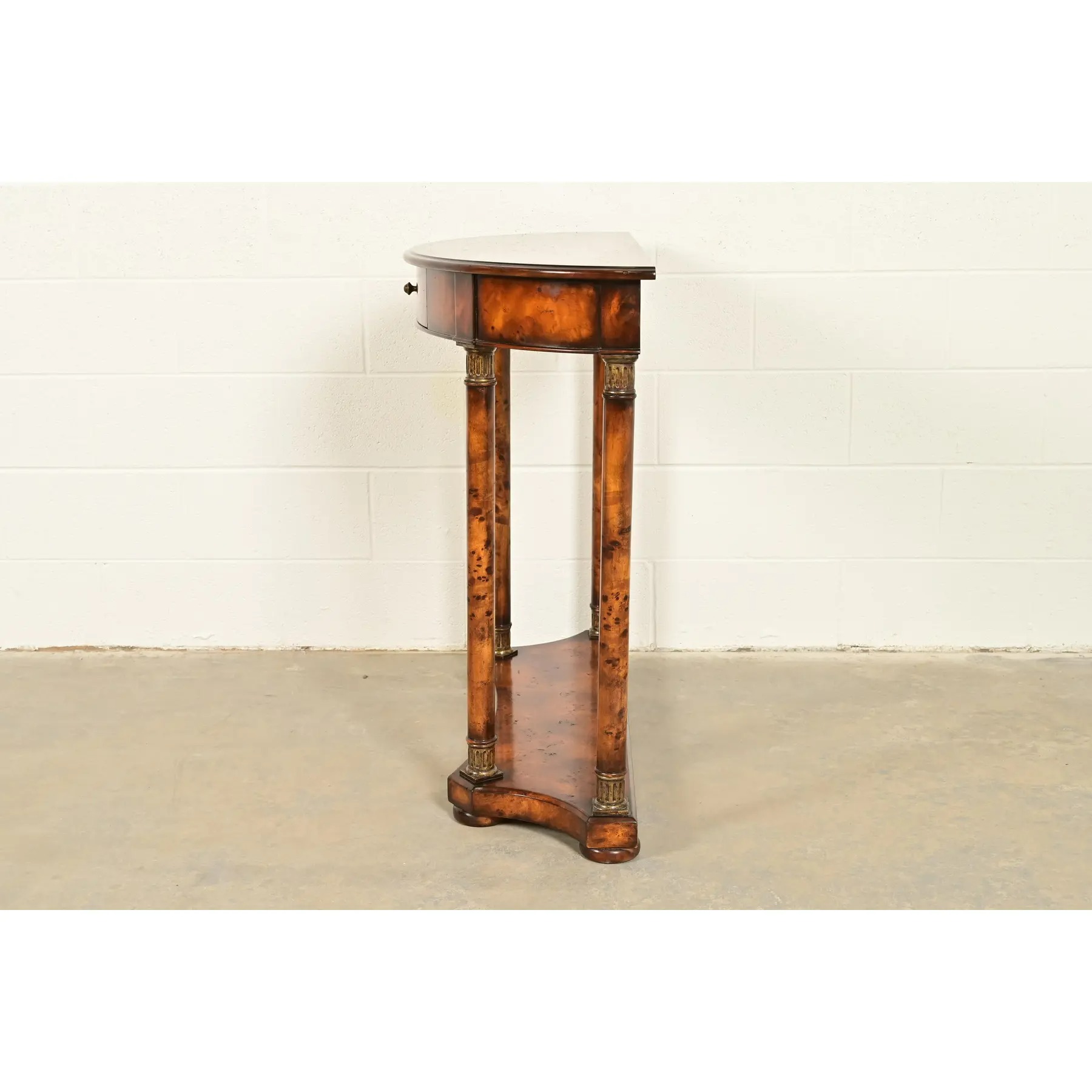 Maitland Smith Style French Empire Burl Wood and Gold Gilt Demilune Console Table - Image 12