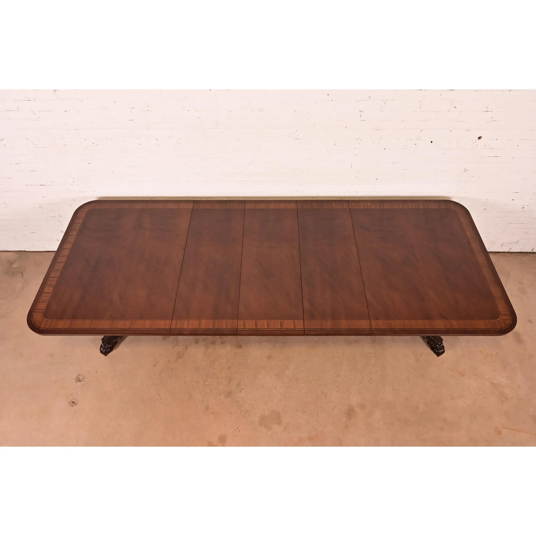 Baker Furniture Regency Banded Mahogany Double Pedestal Extension Dining Table, Newly Refinished - Image 7