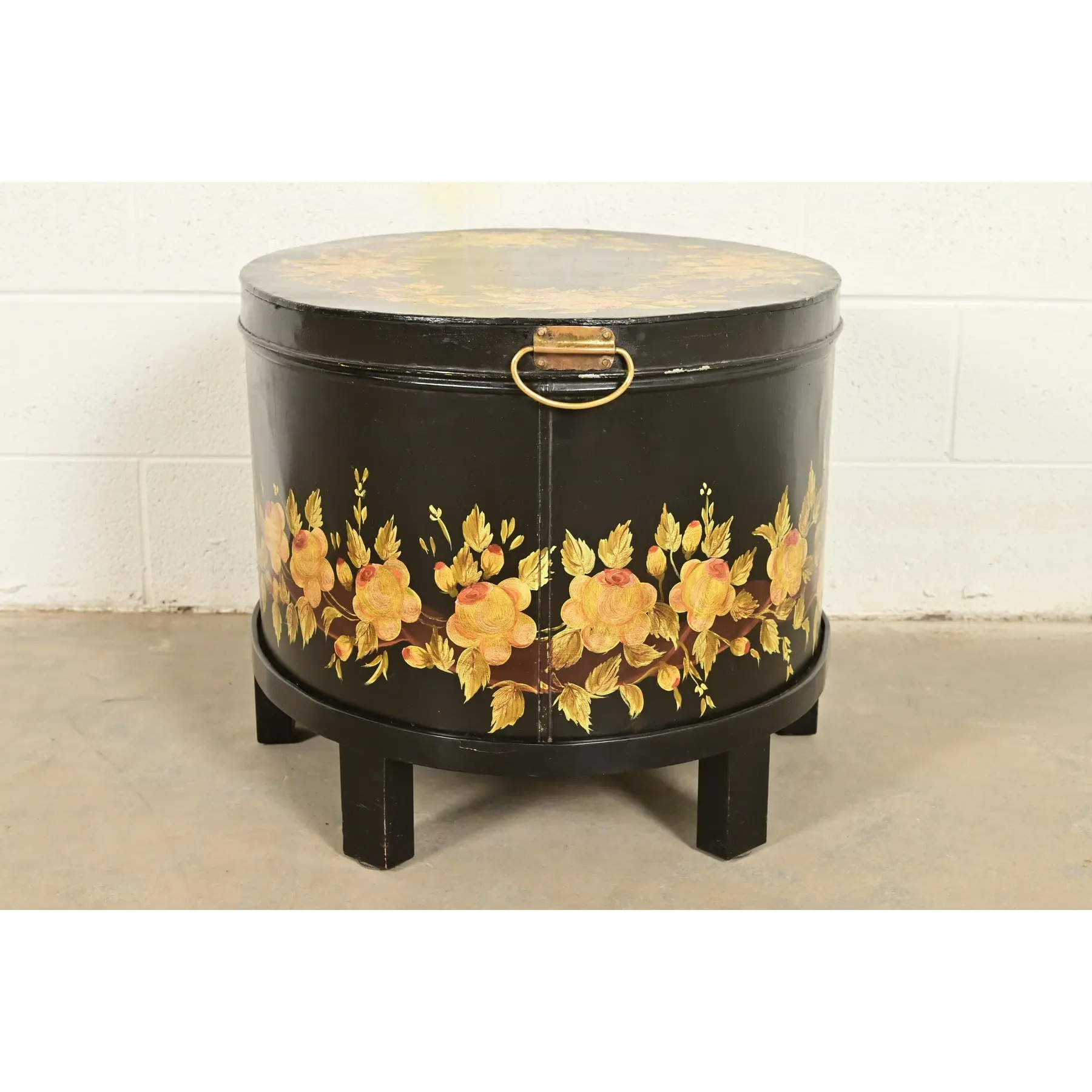 Maitland Smith Neoclassical Hand-Painted Black Lacquered Oval Toleware Box or Chest on Stand - Image 12