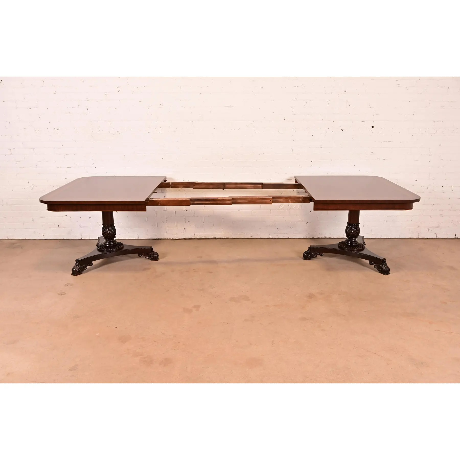 Baker Furniture Regency Banded Mahogany Double Pedestal Extension Dining Table, Newly Refinished - Image 8