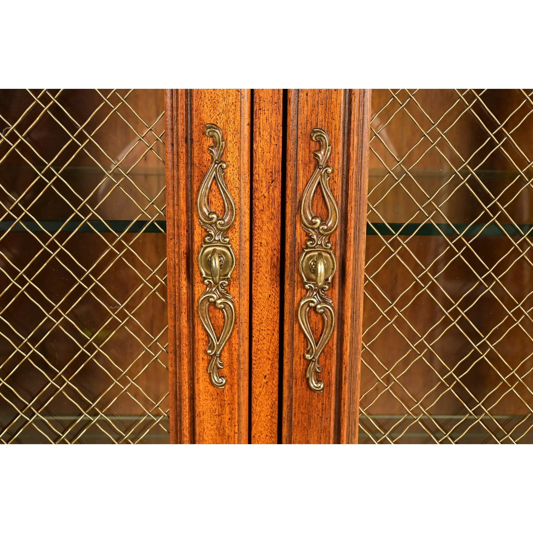 Henredon French Provincial Louis XV Carved Walnut Lighted Breakfront Bookcase Cabinet, Circa 1970s - Image 9