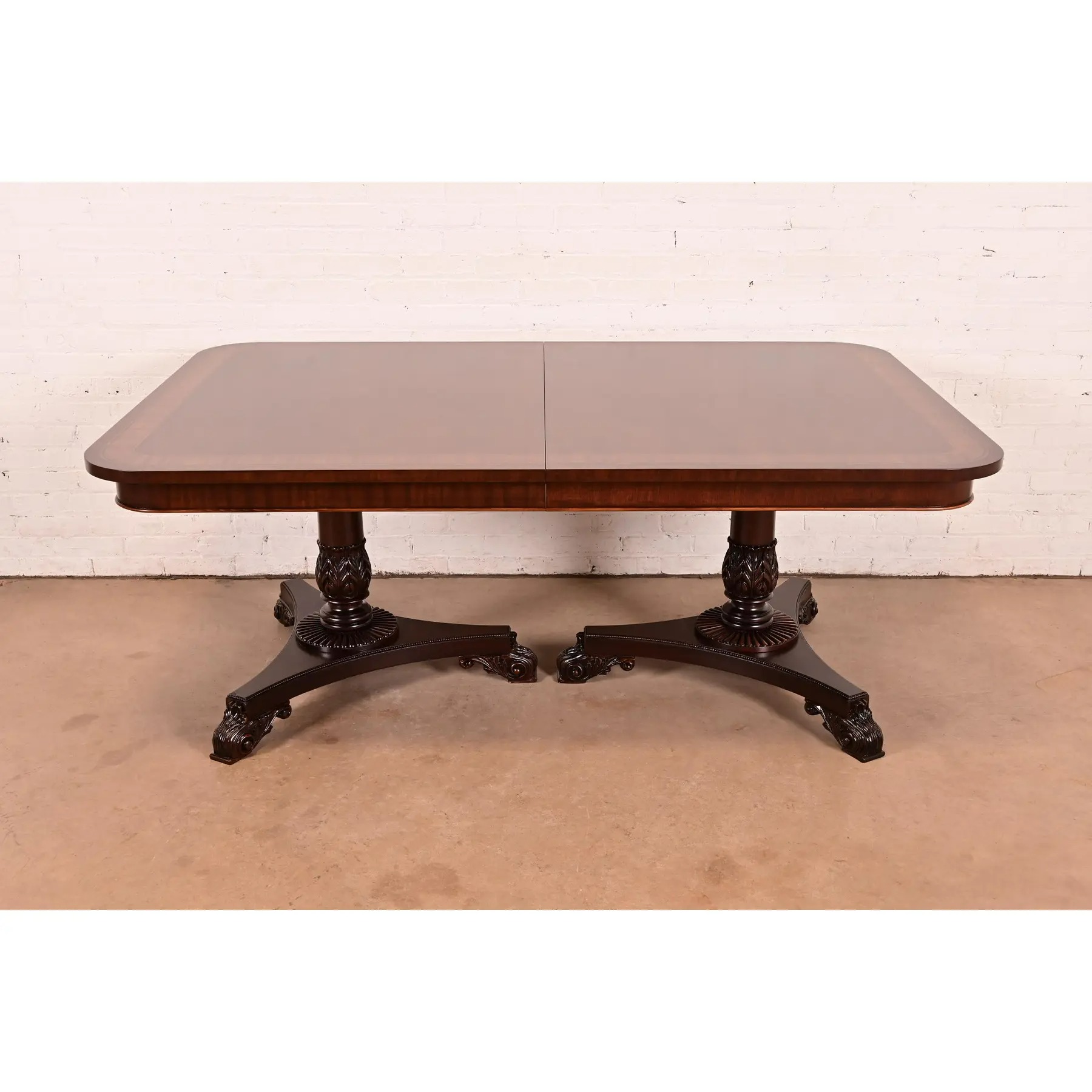Baker Furniture Regency Banded Mahogany Double Pedestal Extension Dining Table, Newly Refinished - Image 9