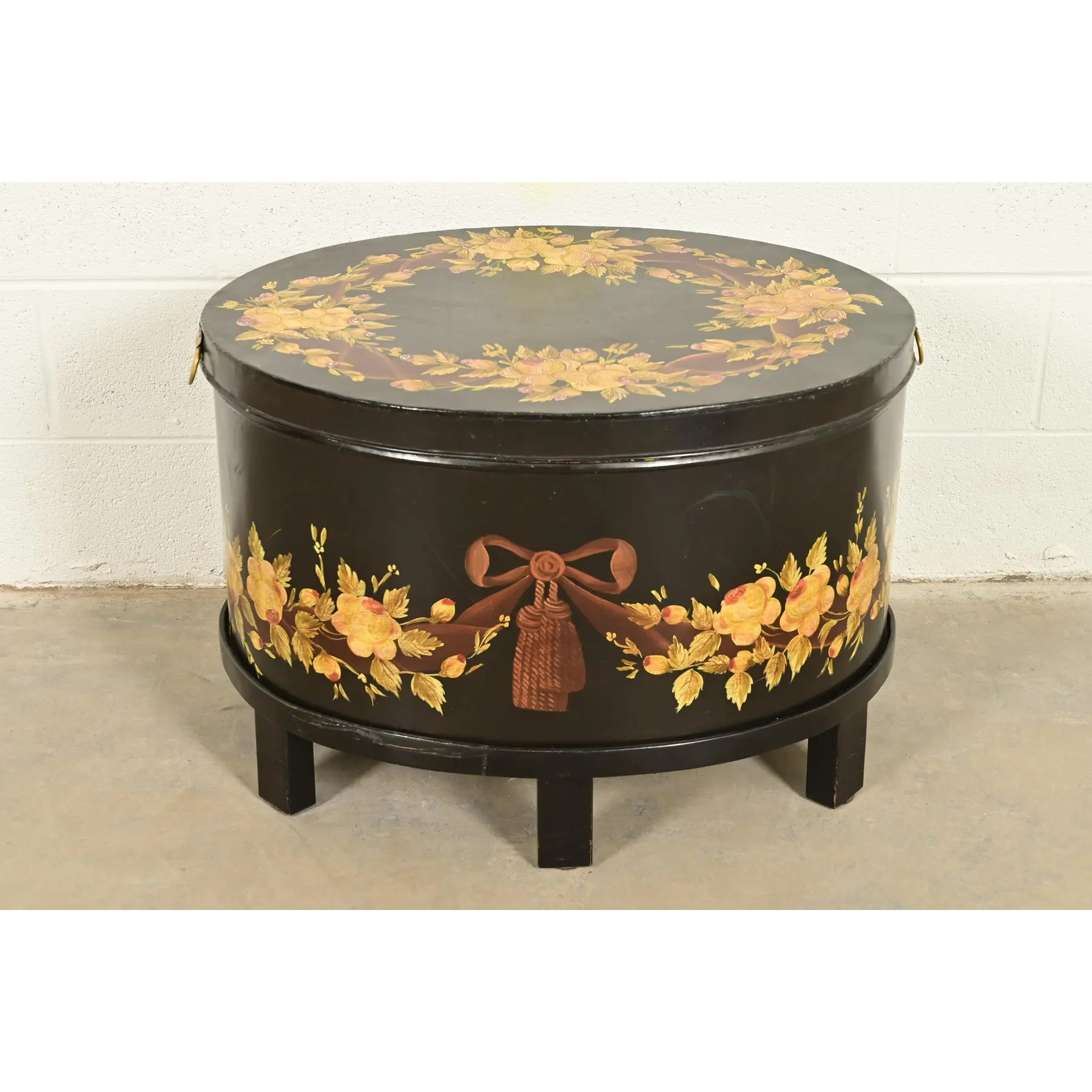 Maitland Smith Neoclassical Hand-Painted Black Lacquered Oval Toleware Box or Chest on Stand