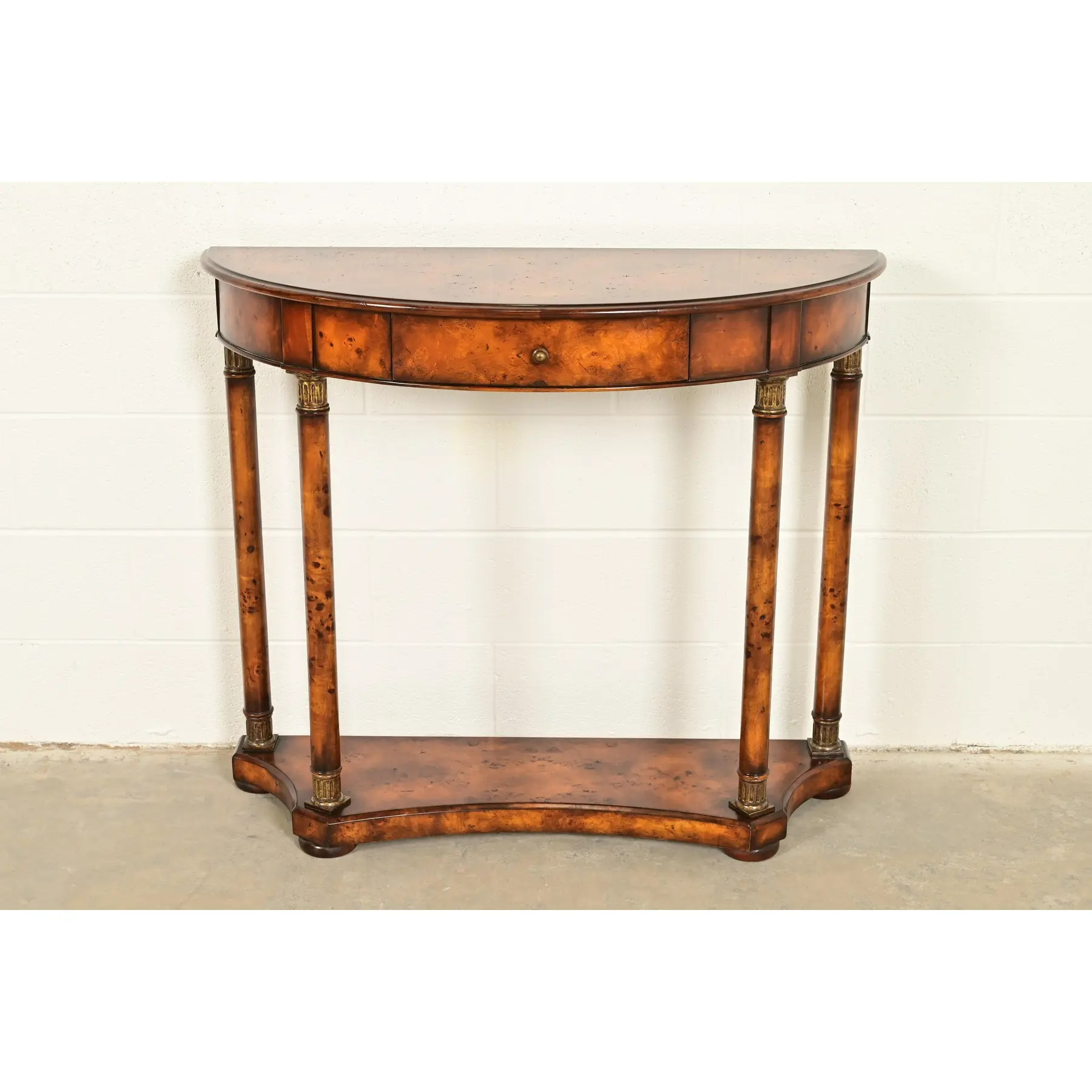 Maitland Smith Style French Empire Burl Wood and Gold Gilt Demilune Console Table