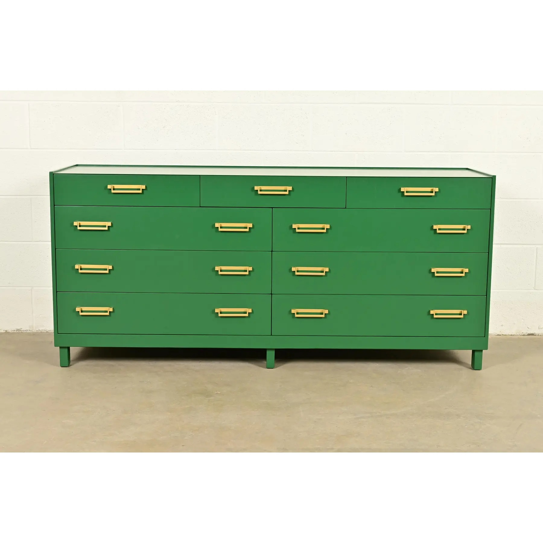 Michael Taylor for Baker Furniture Mid-Century Hollywood Regency Green Lacquered Campaign Dresser, Newly Refinished