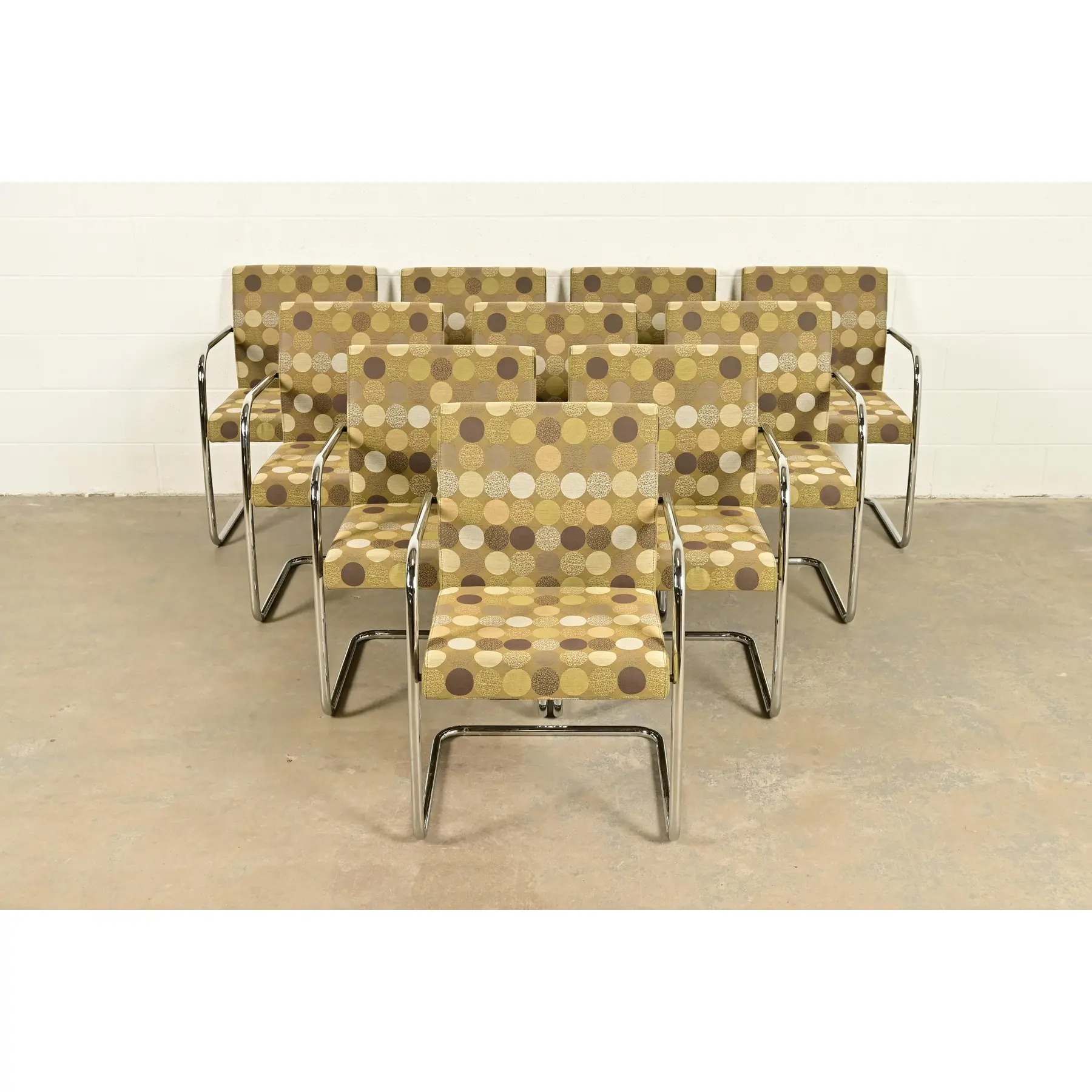 Mies Van Der Rohe Brno Style Mid-Century Modern Chrome Tubular Cantilever Club Chairs, Set of Ten