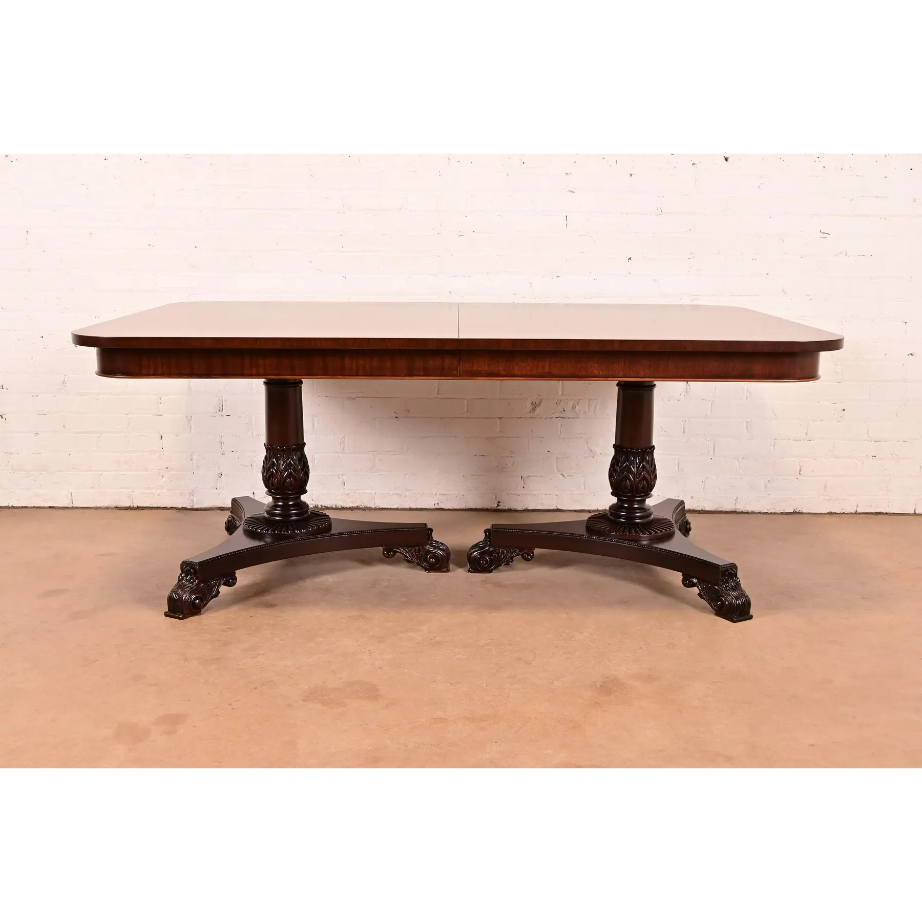 Baker Furniture Regency Banded Mahogany Double Pedestal Extension Dining Table, Newly Refinished - Image 10