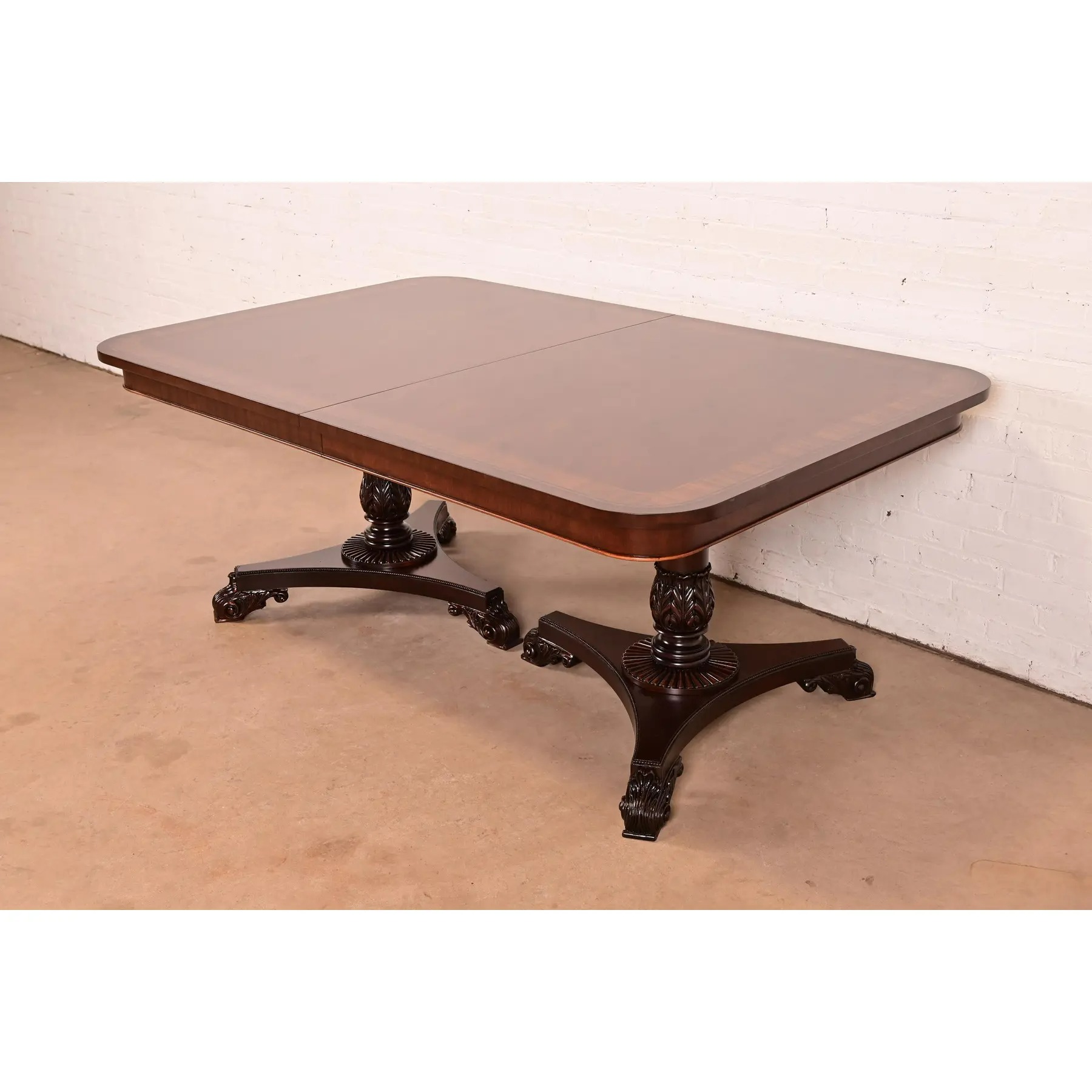Baker Furniture Regency Banded Mahogany Double Pedestal Extension Dining Table, Newly Refinished - Image 11