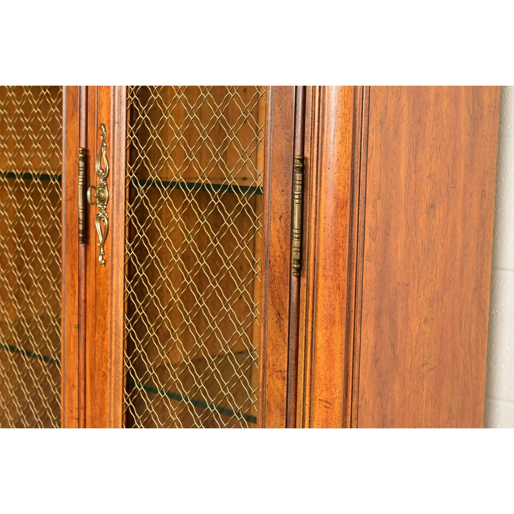 Henredon French Provincial Louis XV Carved Walnut Lighted Breakfront Bookcase Cabinet, Circa 1970s - Image 12