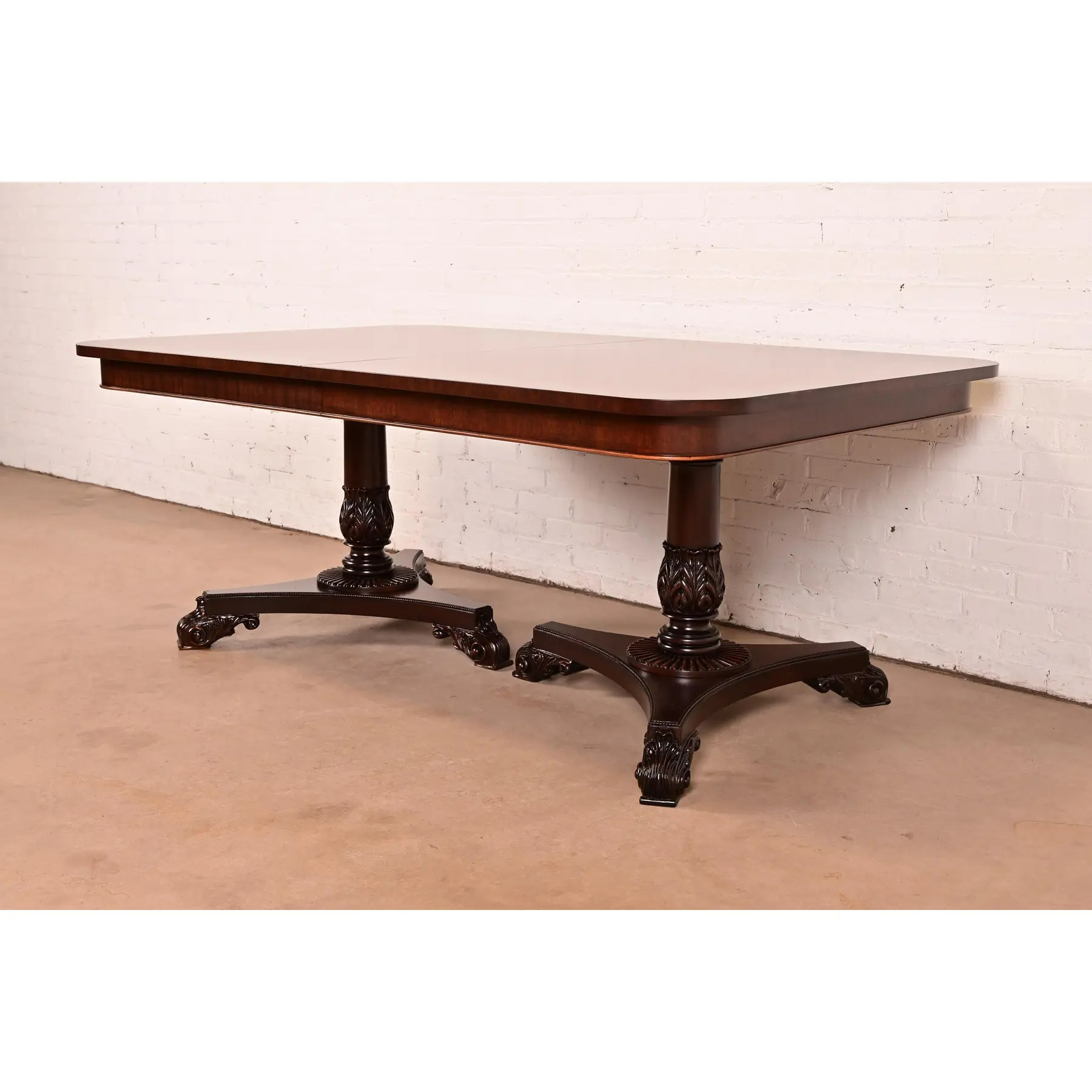 Baker Furniture Regency Banded Mahogany Double Pedestal Extension Dining Table, Newly Refinished - Image 12
