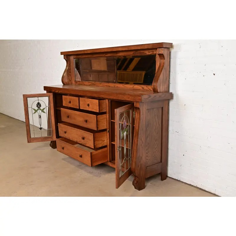 Antique Arts & Crafts Carved Oak Sideboard or Bar Cabinet With Stained Glass Doors, Newly Refinished - Image 6